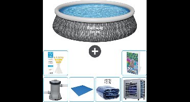 Bestway Rond Opblaasbaar Fast Set Zwembad - Rotanprint - 457 x 84 cm - Inclusief Pomp Grondzeil - Solarzeil - Warmtepomp - 7-delig