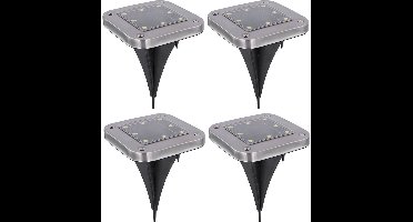 Solarlamp Grondlamp Solarlampen voor buiten Padverlichting Tuinverlichting Solar met grondspies, kunststof roestvrij staal, LED koud wit, LxBxH 10x10x13 cm, set van 4