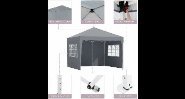 Partytent 3x3m – Vouwtent – Tent – Overkapping – Paviljoen – Waterafstotend Oxford Polyester – Verstelbare Hoogte Donkergrijs