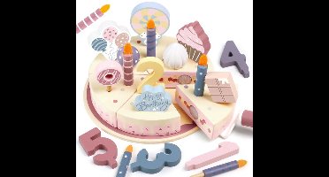 Houten verjaardagstaart - Verjaardagstaart voor kinderkeuken, houten speelgoedtaart voor kinderen, keukenspeelgoed, houten etenswaren, rollenspelcadeaus