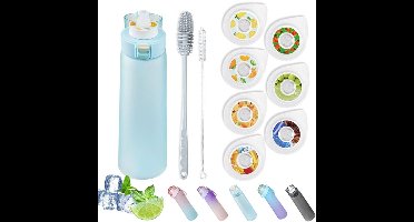 Waterfles Van 650ml - Met Lekvrije Klapdeksel - Met 7 Smaakcapsules - Bpa-Vrije Sportdrinkfles Met Rietje - Vaatwasmachinebestendig -Waterfles Met Draagriem - Met 2 Komborstels - Matblauw