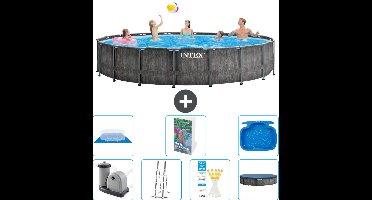 Intex Rond Prism Frame Greywood Zwembad - 549 x 122 cm - Inclusief Pomp - Ladder - Grondzeil - Afdekzeil Voetenbad - 8-delig