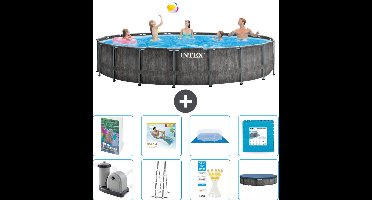 Intex Rond Prism Frame Greywood Zwembad - 549 x 122 cm - Inclusief Pomp - Ladder - Grondzeil - Afdekzeil - Loungebed - Vloertegels - 9-delig