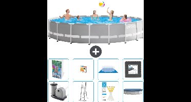 Intex Rond Prism Frame Zwembad - 610 x 132 cm - Grijs - Inclusief Pomp - Ladder - Grondzeil - Afdekzeil - Speelgoed - Vloertegels - 9-delig