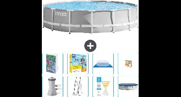Intex Rond Prism Frame Zwembad - 427 x 107 cm - Grijs - Inclusief Pomp - Ladder - Grondzeil - Afdekzeil - Onderhoudspakket - Speelgoed - 9-delig