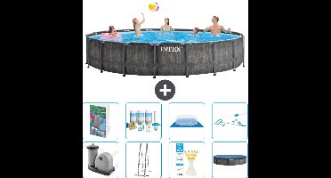 Intex Rond Prism Frame Greywood Zwembad - 549 x 122 cm - Inclusief Pomp - Ladder - Grondzeil - Afdekzeil - Onderhoudspakket - Schoonmaakset - 9-delig