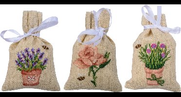 Vervaco - Kruidenzakje kit Bloemen set van 3 - PN-0201687 - Borduren - Borduurpakket - Borduurpakket volwassenen - Borduurpakket kind