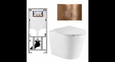 QeramiQ Dely Toiletset - 36.3x51.7cm - diepspoel - rimless - Geberit UP320 inbouwreservoir - met Burda frame - softclose toiletzitting - koperen bedieningsplaat - rechtehoekige knoppen - wit mat