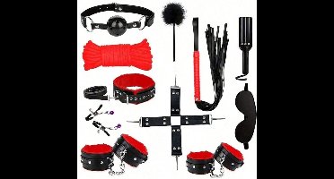 Oneay BDSM 11-delige luxe bondage set, zwarte leren bondage-set met handboeien, halsband, touw, peddel en masker, voor volwassen stellen - Rood