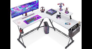 Gamingbureau, computertafel, hoekbureau, wit met ronde hoek, gamingtafel met monitorplank, 127 x 127 cm