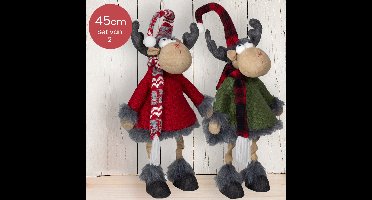 Handgemaakt Rendieren-duo met rood/groene jas en sierlijke sjaal/muts - 45(55)cm