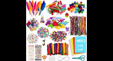oCreon 1300+ Stuks Knutselset voor Kinderen – DIY Handwerk Set met Pompons - Kullerogen en Veren
