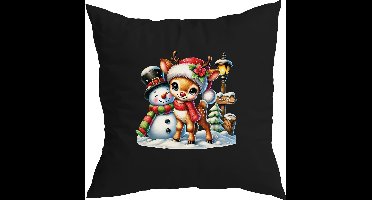 Zwarte kerst kussenhoes met Full color Schattig Hertje met Muts, StraatLantaarn, Sneeuwpop (envelop sluiting 40 x 40)