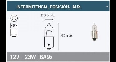 Indicatielamp bajonet 12V 23W basis 9mm BA9S wit glas voor motor scooter