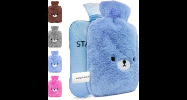 STAUS&BACH FuzzyBear - Kruik (2 liter) met hoes - Warmwaterkruik tot 6 uur verwarmt - Kinderkruik knuffel dier (fleece) - Licht blauw