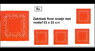 6x Zakdoek oranje fluor met motief 53cm x 53cm - zakdoek bandana boeren carnaval feest sjaal festival themafeest