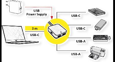 VALUE USB 3.2 Gen 2 Hub, 4 poorten (2x USB-A + 2x USB-C), met verlengkabel, 3 m