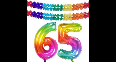 Folat Verjaardag Leeftijd folieballon - 65 jaar - multi kleuren - 86 cm - cijferballon groot - incl 2x feestslingers