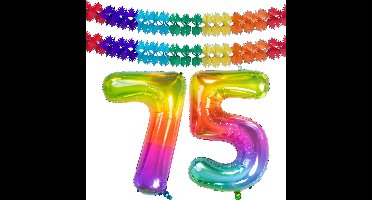 Folat Verjaardag Leeftijd folieballon - 75 jaar - multi kleuren - 86 cm - cijferballon groot - incl 2x feestslingers