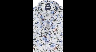 OLYMP Luxor modern fit overhemd - korte mouw - dobby - wit met blauw en groen bloemen dessin - Strijkvrij - Boordmaat: 44