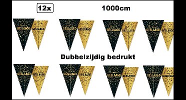 12x Luxe Vlaggenlijn Hoera geslaagd 10 meter goud/zwart - dubbelzijdig bedrukt - Jubileum verjaardag thema feest