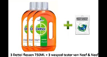 3 PACK Dettol Allesreiniger- schoonmaakmiddel- Allesreiniger - 3x 750 ml + Waspod testertje GRATIS erbij!