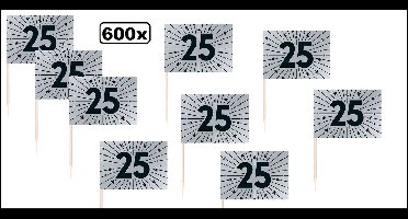 600x Cocktailprikkers 25 jaar zilver - Vlag prikker Jubileum verjaardag thema feest zilveren bruiloft cocktail prikker