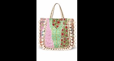 HS – Handgemaakte Patchwork Shopper – Crème – 100% Katoen – Uniek Borduurwerk & Kwastdetails – Ritssluiting & Binnenvak