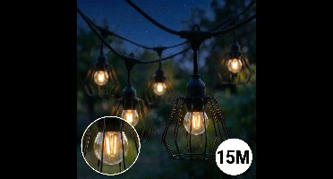 Complete Prikkabel / lichtsnoer met 15x lampenkappen | 15 Meter | Industriële lampenkap | Koppelbaar | E27 | Incl. 1W lampen