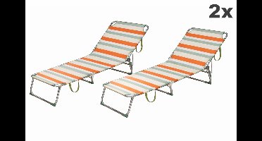 HEM 2x Strandligbed Opvouwbaar – Aluminium Ligstoel – Verstelbare Rugleuning 3 Standen – Lichtgewicht Outdoor Strandbed – Streeppatroon Oranje/Ecru/Grijs