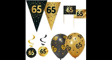 Feestpakket 65 jaar Zwart Goud XL – Vlaggenlijn 10 meter + 6 Ballonnen + 50 Prikkers + 4 Swirls – Golden Celebrations Decoratie