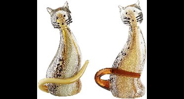 glassculptuur katten - set van 2 - handgemaakt - amber rood geel - 6x10x18 cm poes poezen