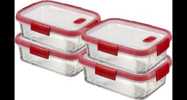 Curver Smart Cook Vershouddoos - Glas met deksel - Rechthoekig - Set van 4 x 0,9L - Rood/Transparant