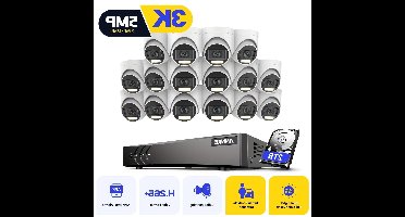 Beveiligingscamera Systeem – CCTV Camera Set – Bewakingscamera – Surveillance Camera – 16 Kanaals Beveiligingsset 2TB HDD – Kleur Nachtzicht & AI Mens- en Voertuigherkenning