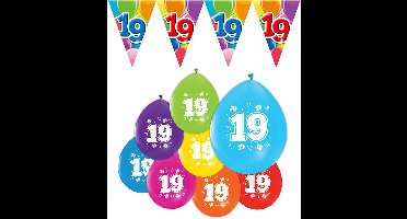 Feestpakket 19 Jaar XL – 3x Vlaggenlijn 10 Meter + 8 Ballonnen – Verjaardag Versiering Slinger Decoratie Feest