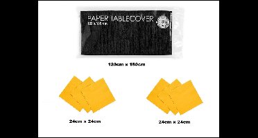 1x Tafelkleed papier zwart 120cm x 180cm + 40x Cocktail servetten geel 24cm x 24cm 3 laags