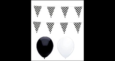 2x Vlaggenlijn Race/finish 10 meter + 20 ballonnen zwart/wit - Versiering Slinger Feestdecoratie Decoratie