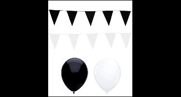 2x Vlaggenlijn zwart/wit 10 meter + 20 ballonnen zwart/wit - Versiering Slinger Feestdecoratie Decoratie