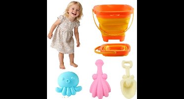 Strandspeelgoedset voor peuters, draagbaar strandspeelgoed voor op reis met opvouwbare emmer, vormpjes voor kinderen, zomercadeau - Oranje