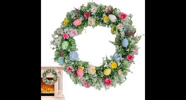 Paasdecoratie, decoratief plastic ornament 35 cm | Paasdecoratie voor binnen en buiten, voor deuren, erven, balkons, terrassen, tuinen, woonkamers, muren en ramen - Kunstmatige decoratieve paaskrans deurklopper