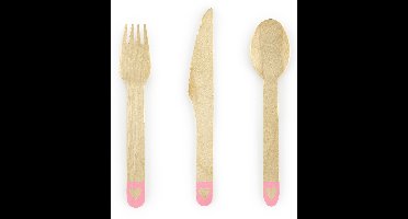 PARTYDECO - 18 roze houten bestekken met hart, 16 cm, wegwerp