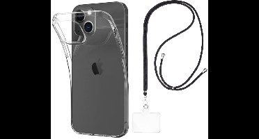 Set met hoesje en nekband voor iphone 13 - Flexibele, transparante TPU-bescherming, verstelbare universele nekband voor mobiele telefoons, zwarte nekband, transparante draagriem van Phonillico®