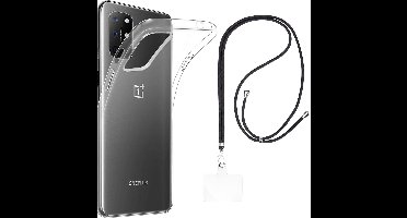 Set met hoesje en nekband voor oneplus 8t - Flexibele, transparante TPU-bescherming, verstelbare universele nekband voor mobiele telefoons, zwarte nekband, transparante draagriem van Phonillico®