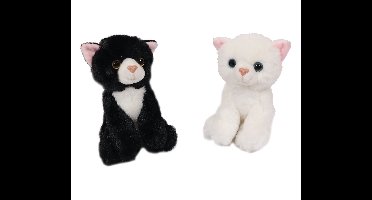 PIA Soft Toys-Set van 2 Pluche Kat Knuffels 2 ass. 14 cm (zwart en wit )
