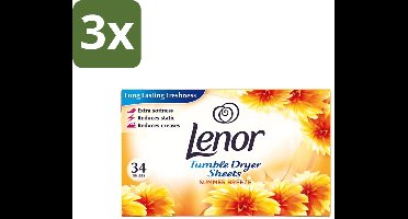 3 x Lenor - Droogtrommeldoekjes - Zomerbries - Summer Breeze - 34 Doekjes - Droogtrommeldoekjes - Zomerse Geur - Statische Elektriciteit - Droogtrommel - Kleding Geur