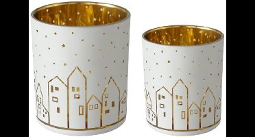 Boltze – Waxinehouder – Set van 2 – Huisjes – Goud en Wit – 8 en 10 cm hoog – Waxinelichtjes