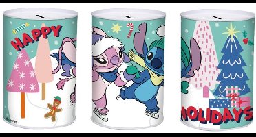 Disney Lilo & Stitch kerst spaarpot – metalen muntenbox met Stitch & Angel – 12 × 16 cm – Happy Holidays design