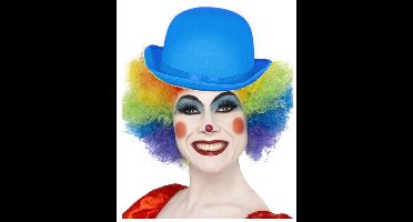 Smiffys Clown verkleed set - gekleurde pruik - met bolhoedje blauw - Carnaval clowns verkleedkleding en accessoires - volwassenen