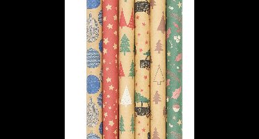 Assortiment kraft kerstpapier cadeaupapier inpakpapier voor kerstmis HO25 - 3 meter x 70 cm - 5 rollen
