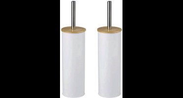 Alpina Toiletborstelset – 2 Stuks – Wit met Houten Deksel – Stijlvolle en Functionele Toiletborstels – Formaat 9,6 x 9,6 x 38,5 cm